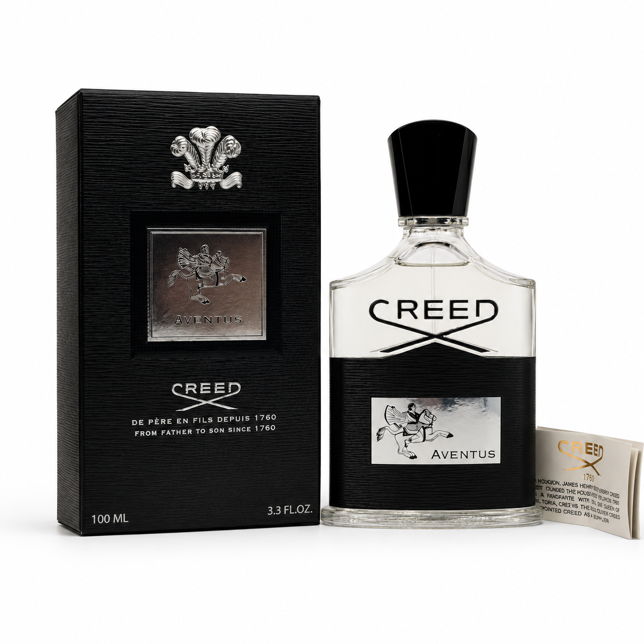 Luxury Creed Aventus men’s perfume bottle with premium black packaging on clean white background.