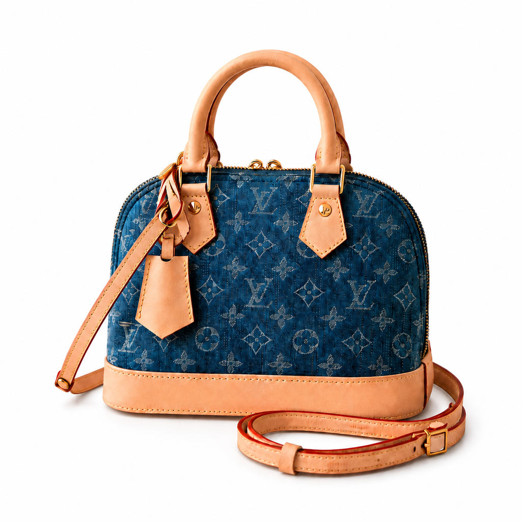 Luxury blue denim monogram handbag with tan leather handles and shoulder strap on white background