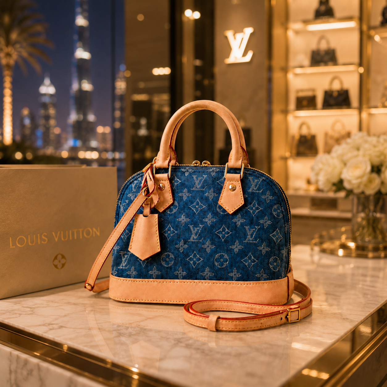 Premium denim monogram handbag displayed on marble surface with luxury beige editorial styling