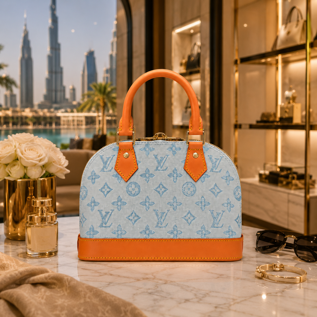Elegant luxury handbag inside premium gift box with tissue paper and ribbon creating luxury UAE unboxing experience