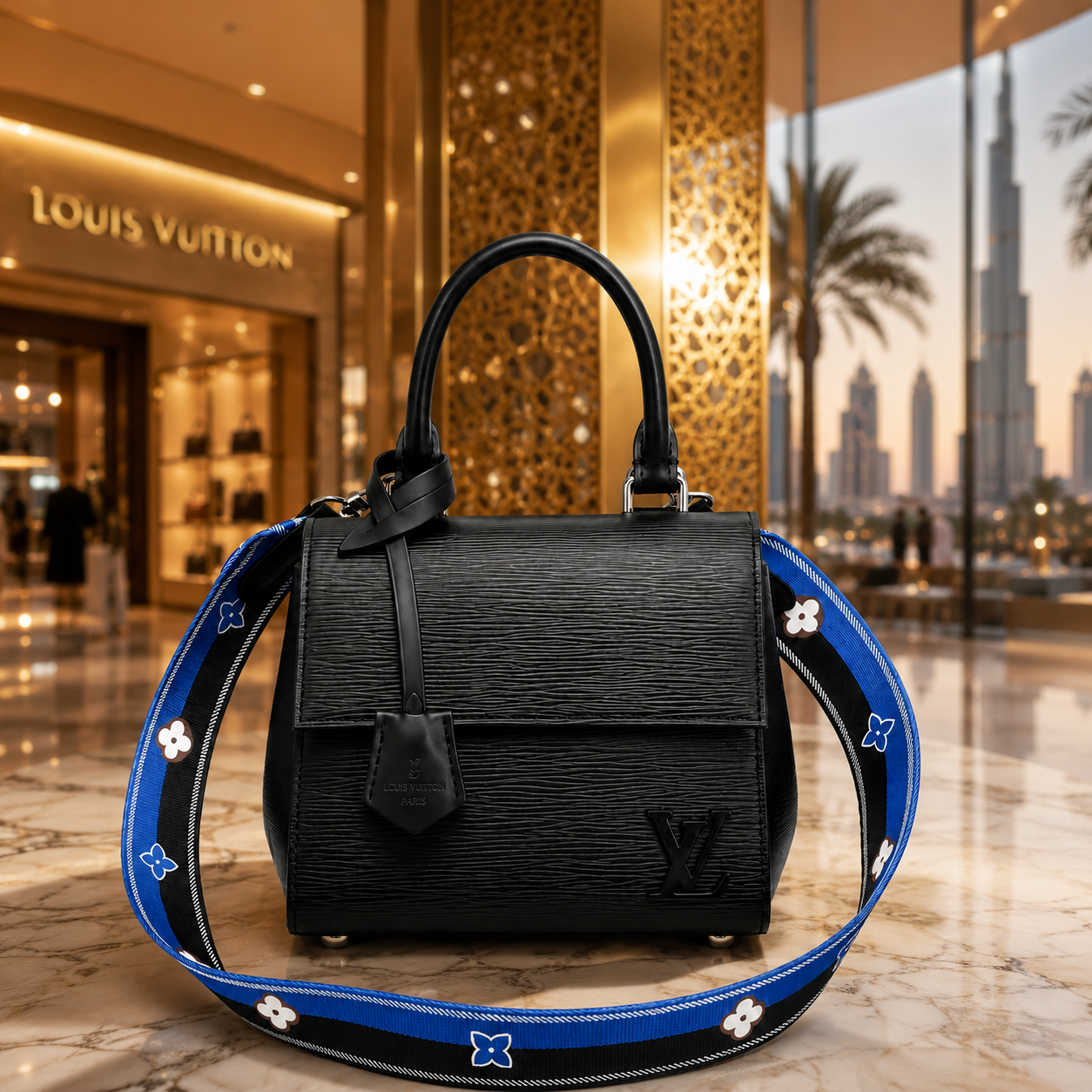 Luxury black handbag presented inside premium gift box with tissue paper and elegant ribbon styling
