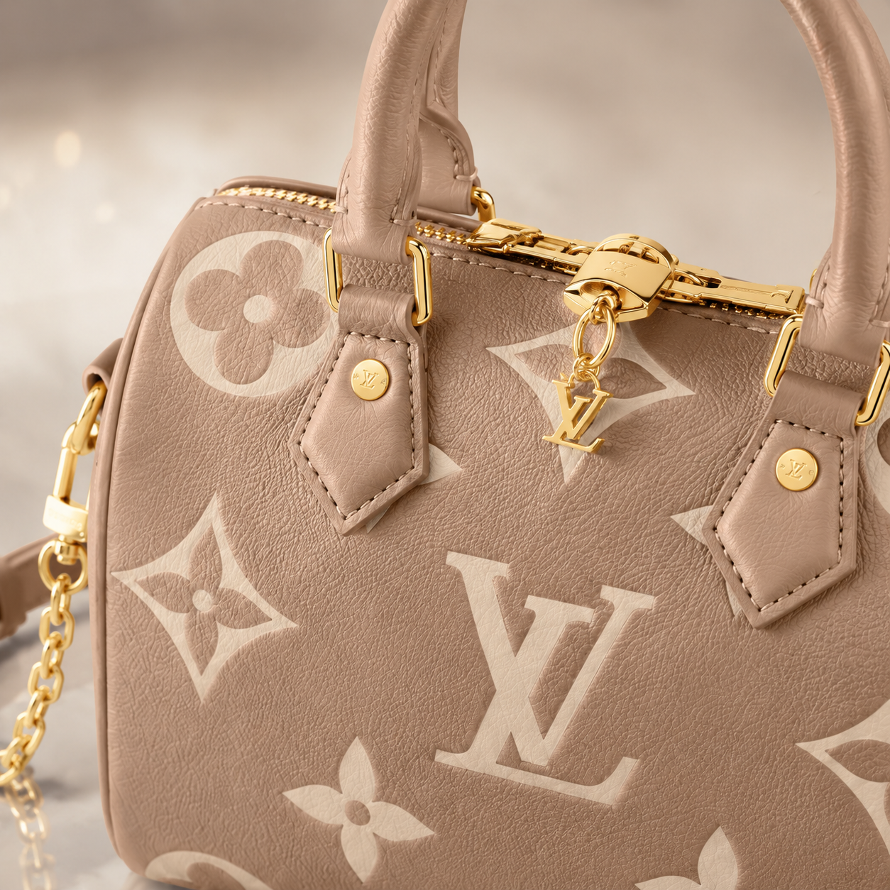 Elegant beige mini handbag displayed in luxury Dubai-inspired boutique setting