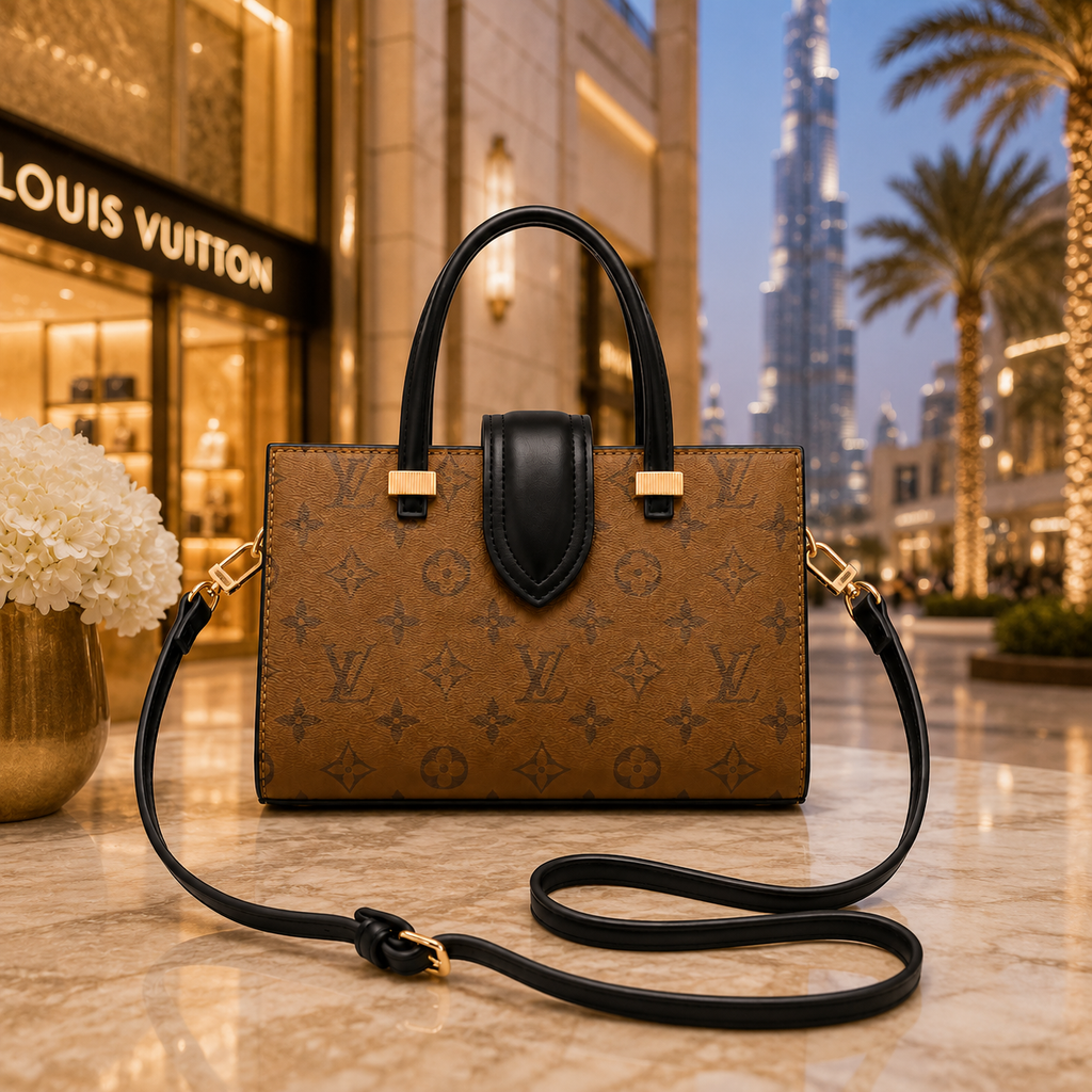 Elegant monogram tote handbag displayed in luxury Dubai-inspired shopping mall environment