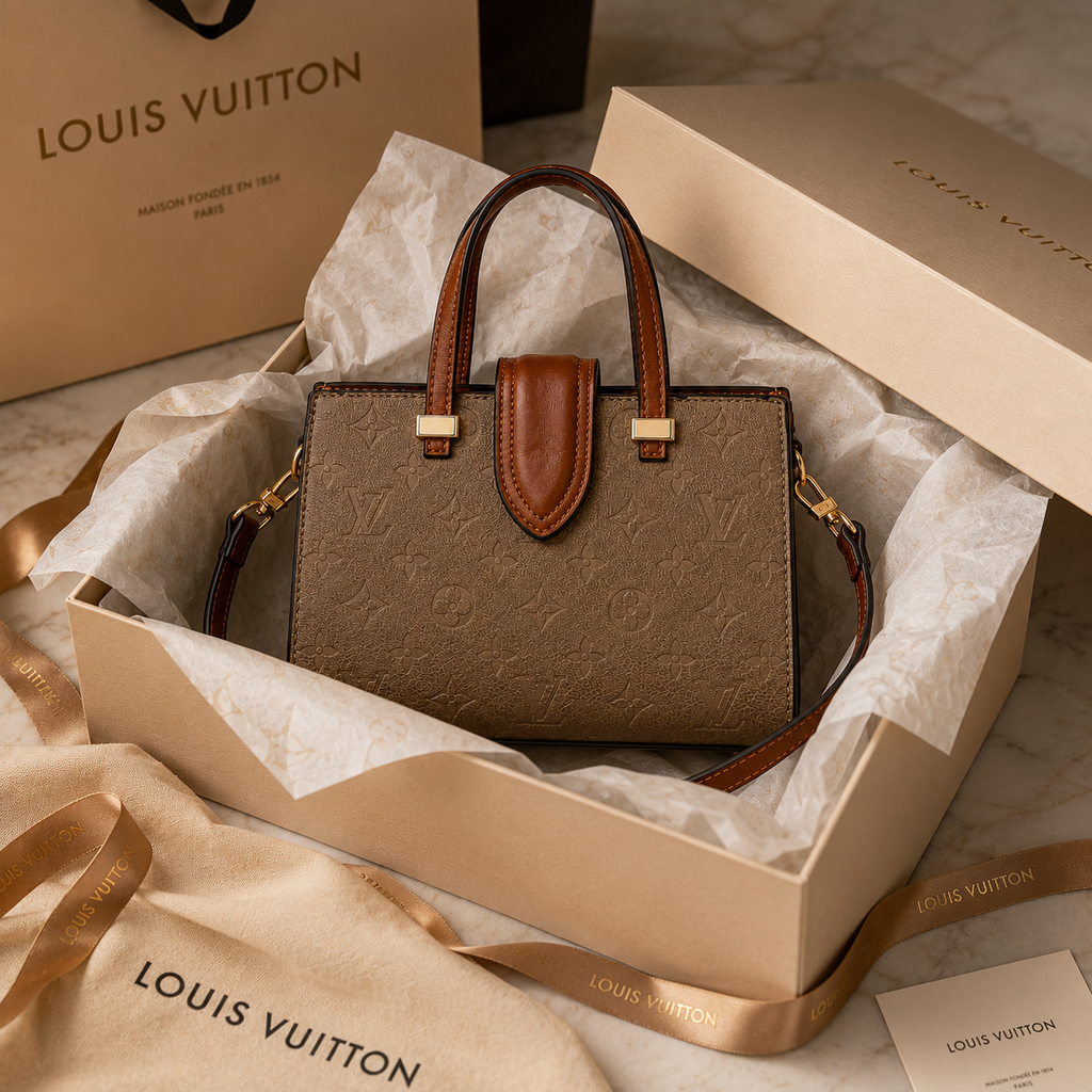 Luxury monogram tote handbag presented inside elegant gift box with tissue paper and ribbon packaging style