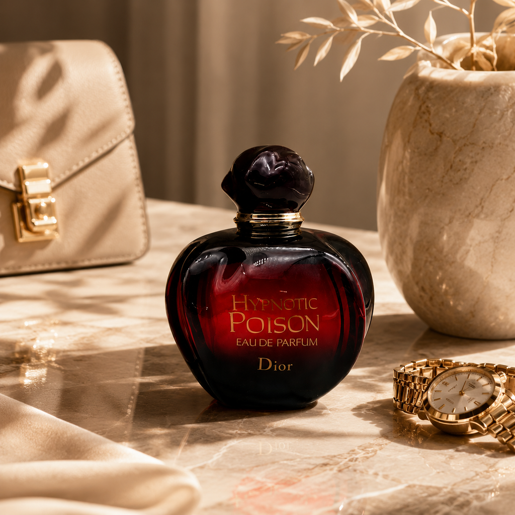 Elegant women's perfume displayed on marble surface with luxury accessories and sophisticated editorial styling.