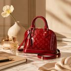 Luxury red handbag styled with marble surface, beige decor, perfume, and elegant fashion accessories.
