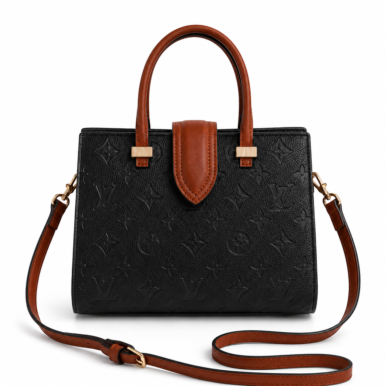 Elegant black embossed leather tote bag with brown handles and shoulder strap on white background