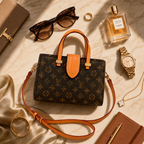 Luxury tote bag flatlay with sunglasses, perfume, jewelry, and watch arranged in a sophisticated Dubai-inspired fashion composition.