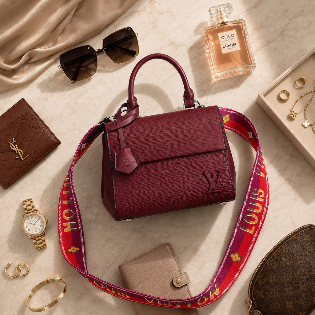 Premium flatlay featuring burgundy designer handbag with sunglasses, perfume, jewelry, watch, and luxury accessories.