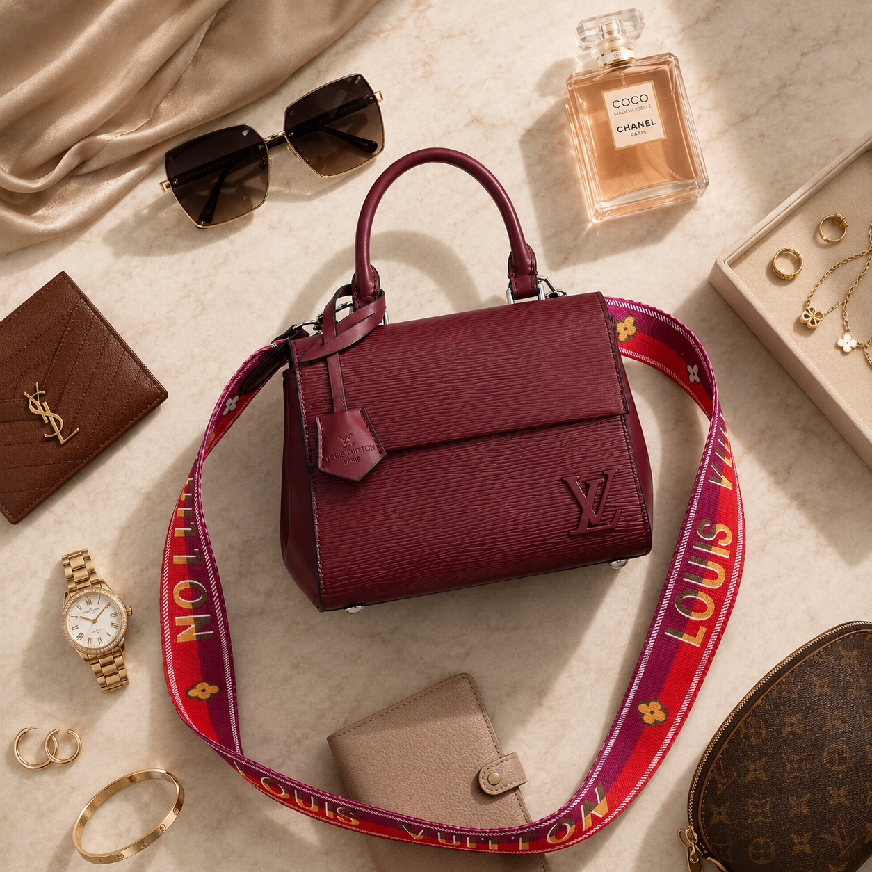 Premium flatlay featuring burgundy designer handbag with sunglasses, perfume, jewelry, watch, and luxury accessories.
