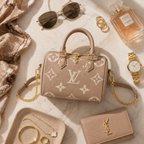 Luxury flatlay featuring beige handbag, sunglasses, jewelry, perfume, and watch
