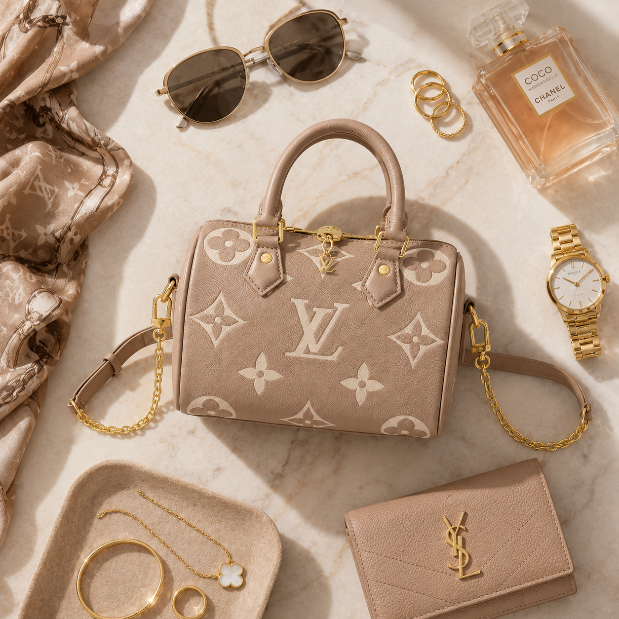 Luxury flatlay featuring beige handbag, sunglasses, jewelry, perfume, and watch