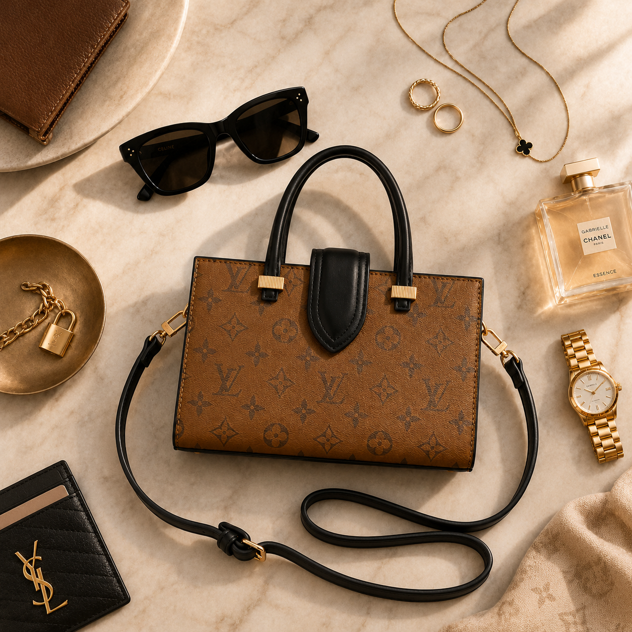 Luxury monogram handbag flatlay with sunglasses perfume watch jewelry and leather accessories
