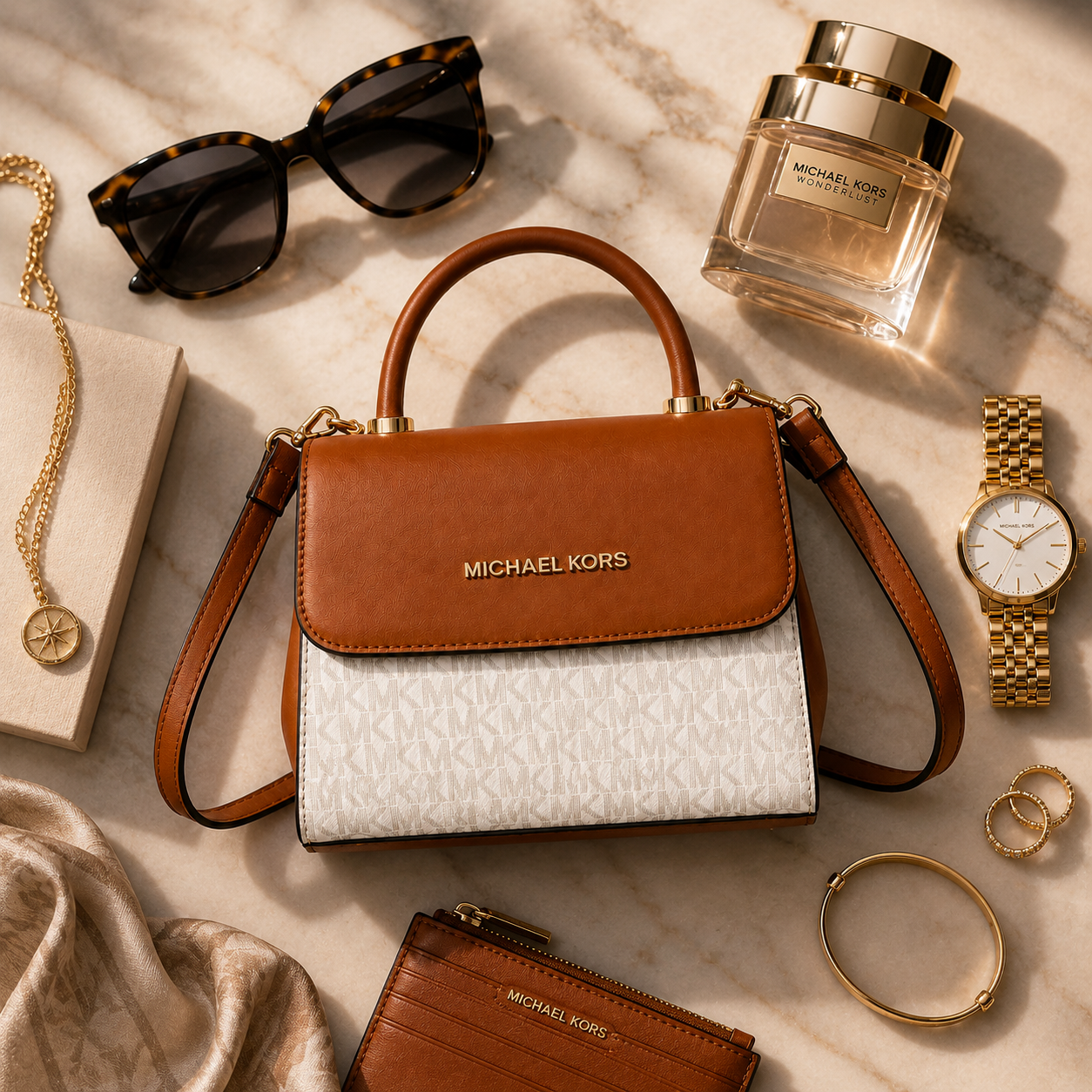 Premium flatlay featuring luxury handbag with sunglasses, perfume, jewelry, watch, and fashion accessories on elegant neutral background.