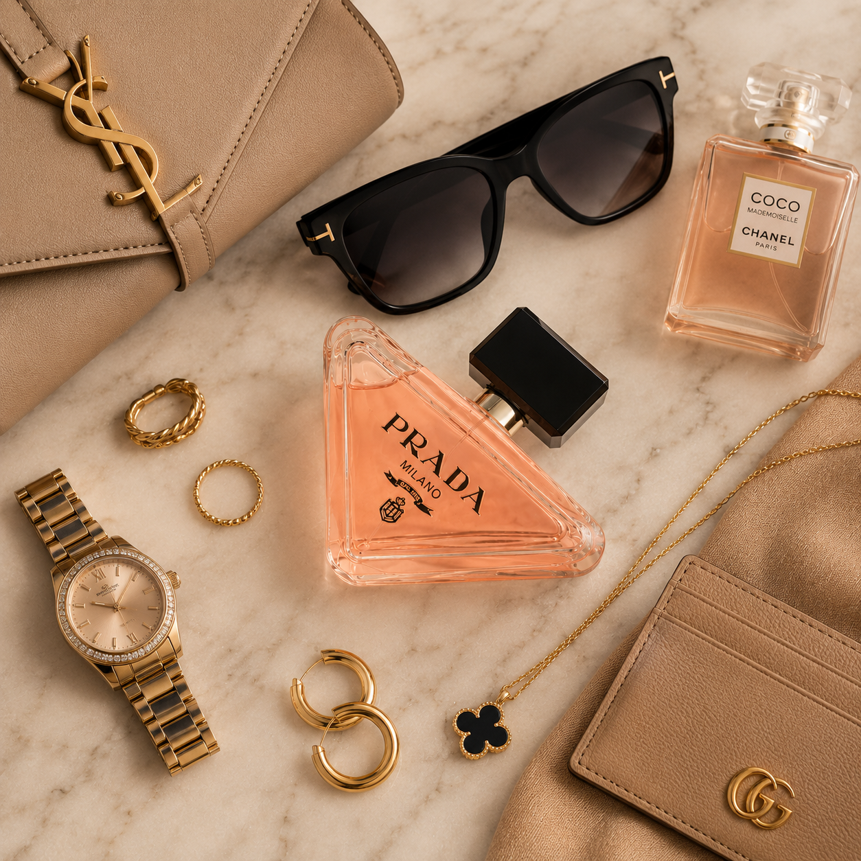 Luxury women's perfume styled with sunglasses, watch, jewelry and leather accessories in modern Dubai luxury flatlay composition