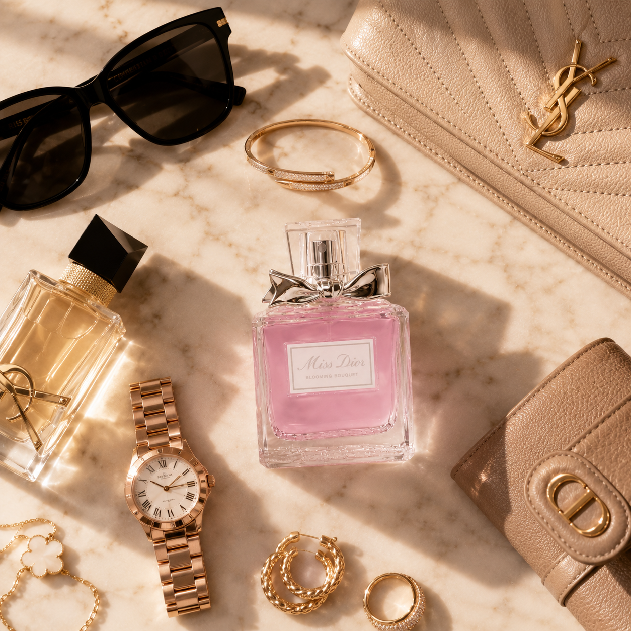 Luxury flatlay featuring floral perfume, sunglasses, jewelry, watch and premium fashion accessories on marble background