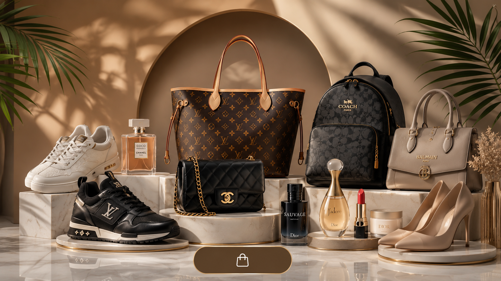 Luxury designer handbags, sneakers, perfumes, heels, and beauty products for men and women displayed in a premium fashion lifestyle setting.