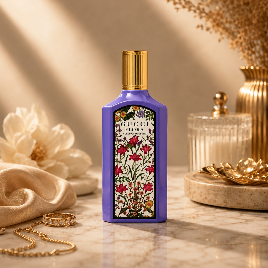 Luxury floral perfume styled on marble surface with elegant accessories and soft lighting