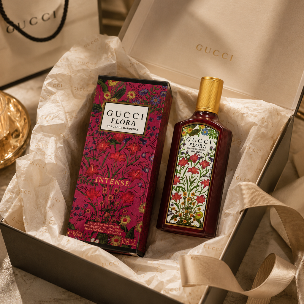 Luxury floral perfume presented in elegant gift packaging with premium tissue paper and luxury unboxing experience.