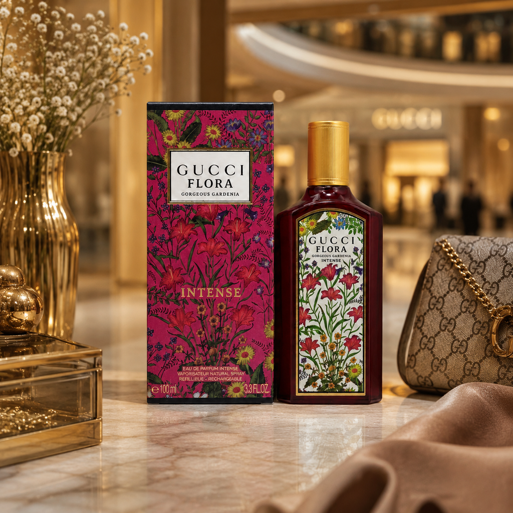 Premium floral perfume displayed in a luxury Dubai-inspired lifestyle environment with sophisticated golden lighting.