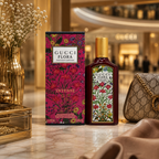 Premium floral perfume displayed in a luxury Dubai-inspired lifestyle environment with sophisticated golden lighting.