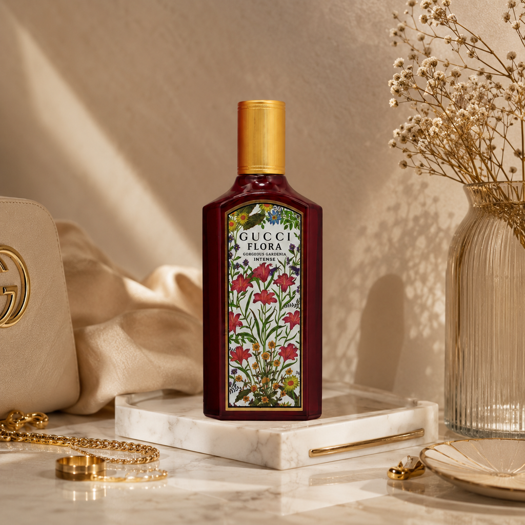 Luxury floral Eau de Parfum displayed on marble surface with elegant accessories and premium editorial styling.