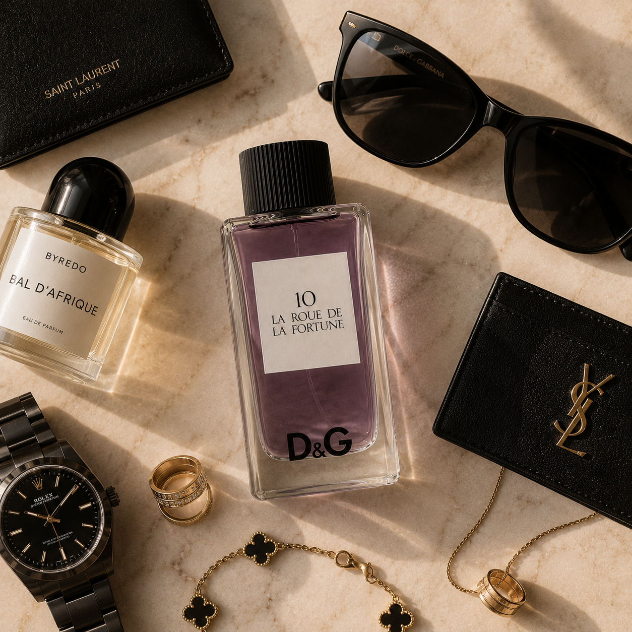Luxury perfume bottle arranged with sunglasses, watch, jewelry, and leather accessories in a premium flat lay composition.