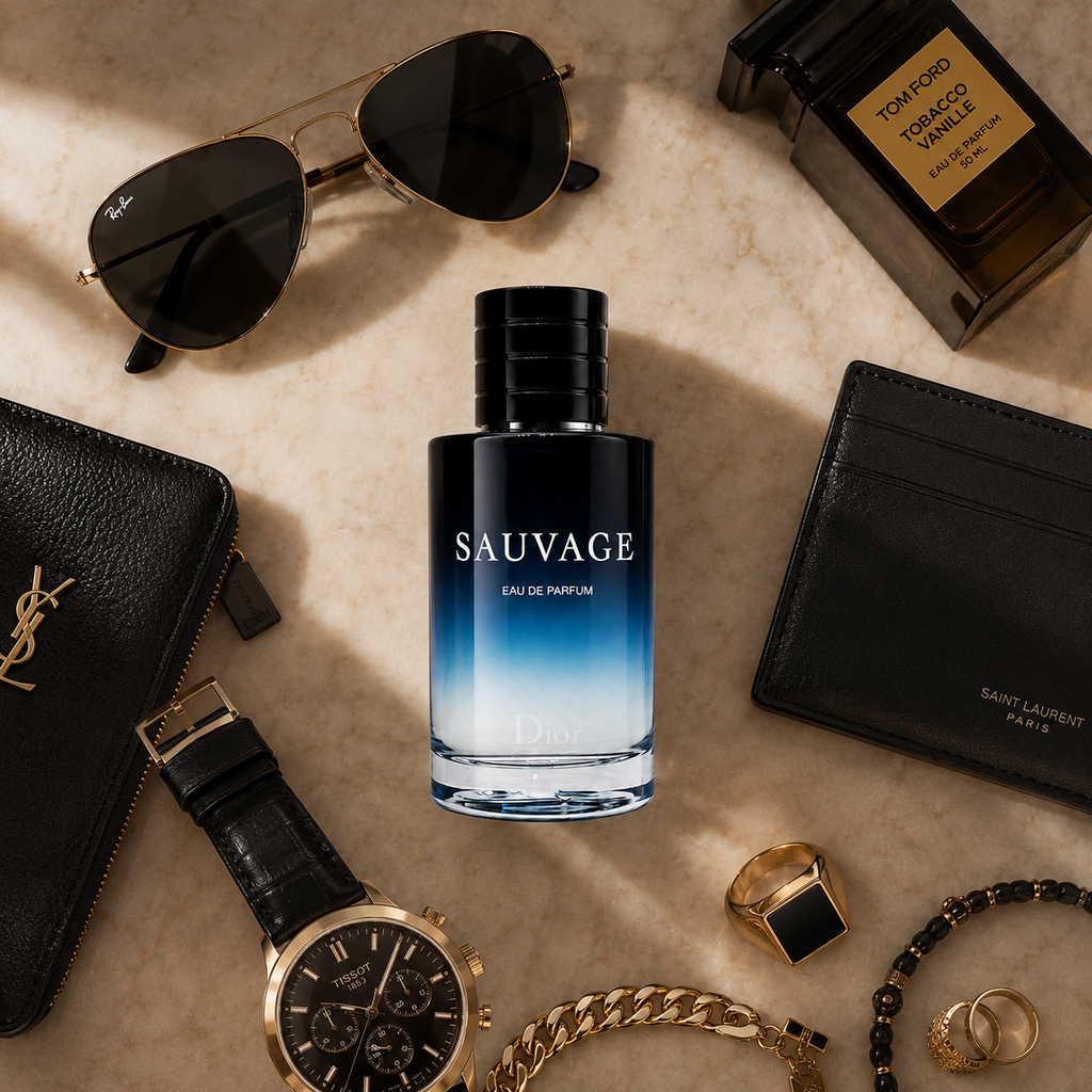 Premium men's Eau de Parfum surrounded by luxury fashion accessories including sunglasses, watch, jewelry, and leather goods.