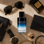 Premium men's Eau de Parfum surrounded by luxury fashion accessories including sunglasses, watch, jewelry, and leather goods.