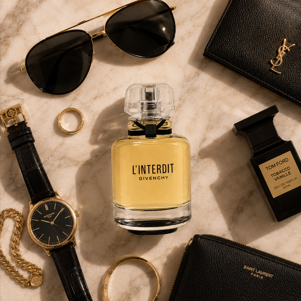 Luxury perfume arranged with premium fashion accessories including sunglasses, jewelry, and watch on elegant marble background.