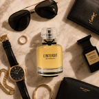 Luxury perfume arranged with premium fashion accessories including sunglasses, jewelry, and watch on elegant marble background.