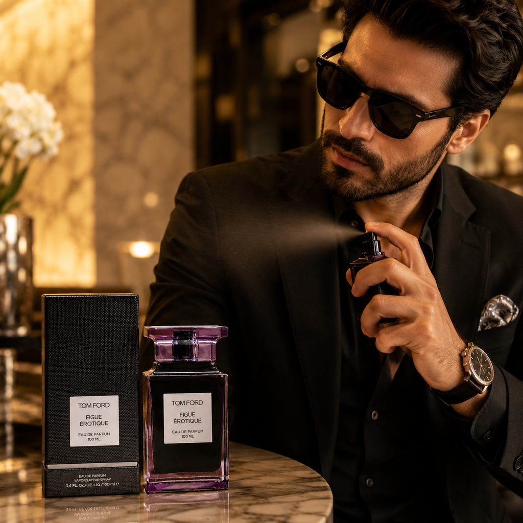 Luxury perfume being used in an elegant fashion lifestyle setting, premium fragrance for sophisticated men and women in UAE