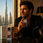 Elegant fashion-inspired lifestyle image featuring a luxury perfume bottle in a premium UAE luxury setting.