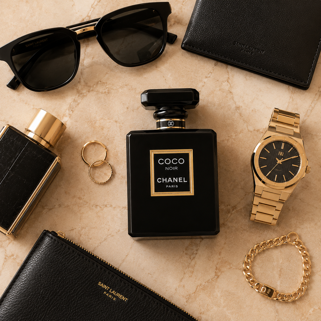 Luxury black perfume arranged with sunglasses, watch, jewelry, and leather accessories in a sophisticated Dubai-inspired flat lay composition.