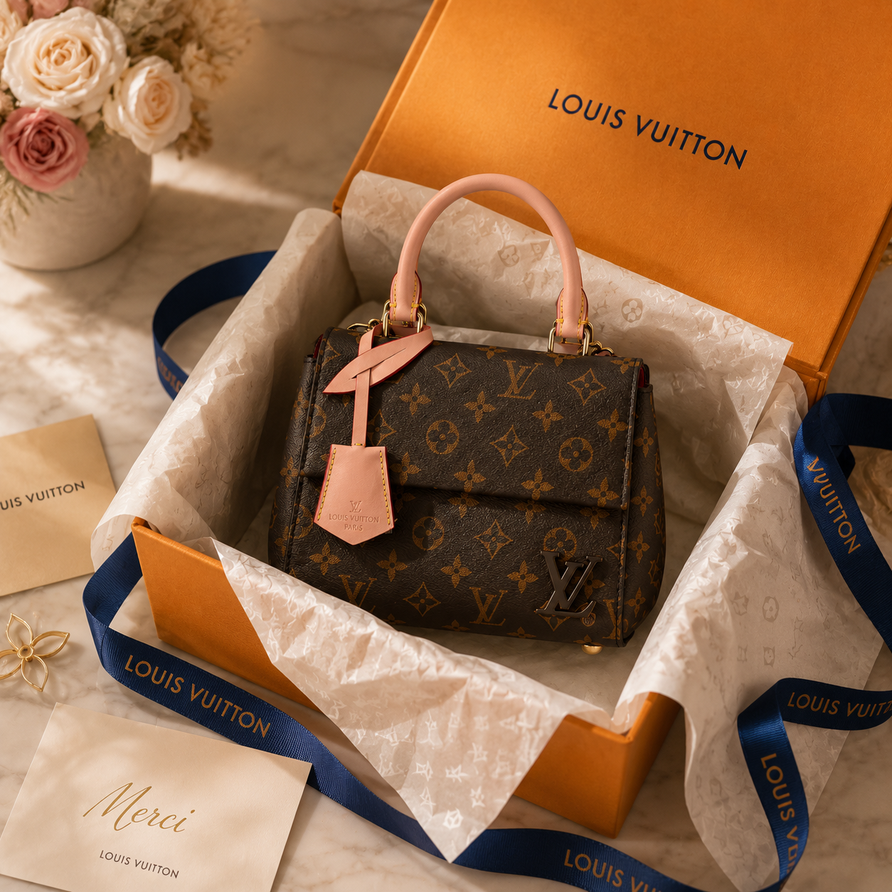 Luxury monogram handbag presented inside premium gift box with tissue paper and ribbon styling for luxury unboxing experience