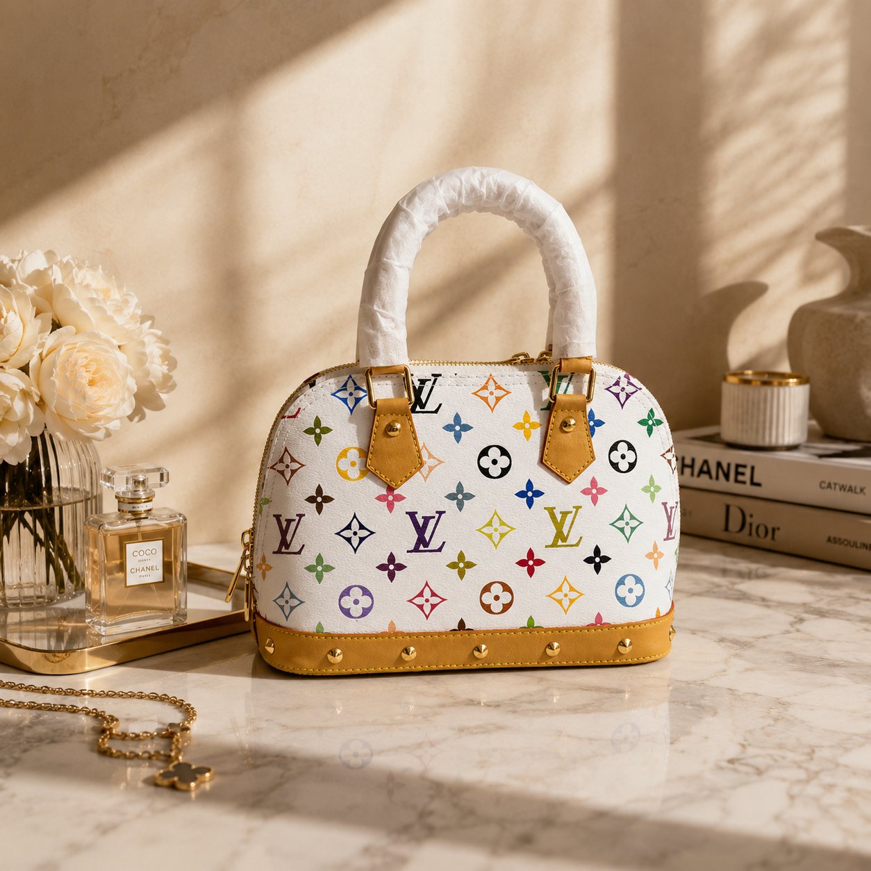 Luxury women's handbag styled on a marble surface with elegant fashion accessories in a premium editorial scene