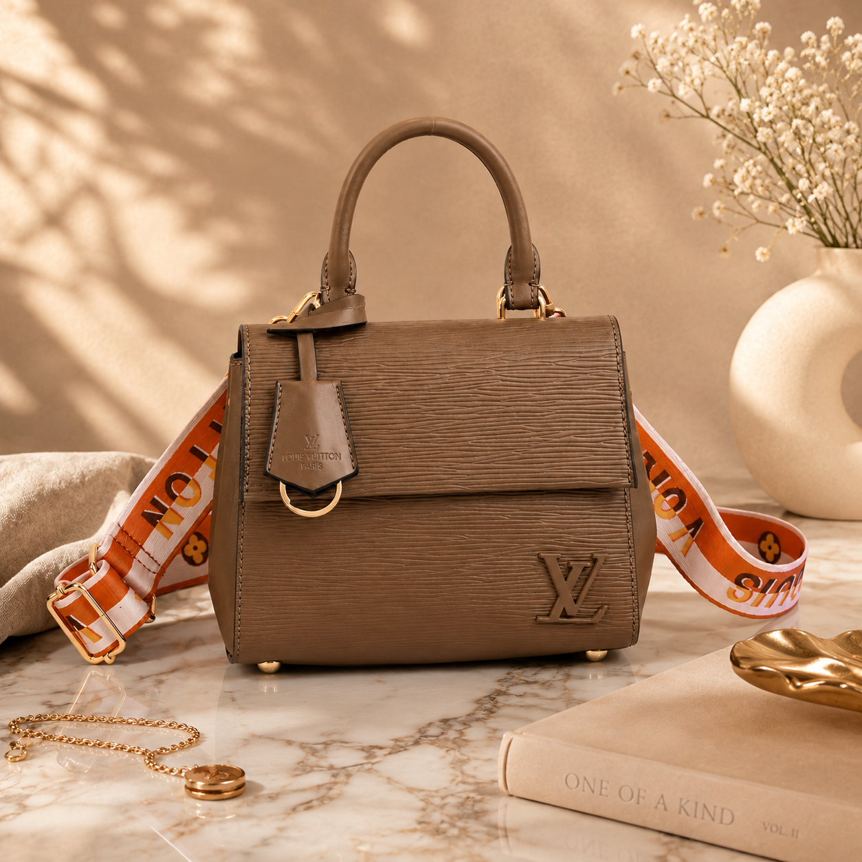 Luxury textured leather handbag styled on marble surface with elegant beige accessories and soft editorial lighting.
