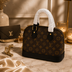 Luxury monogram dome handbag styled on a marble surface with premium accessories in an elegant editorial composition.