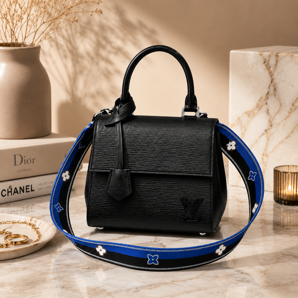 Top view flatlay of luxury black handbag with sunglasses, perfume, jewelry, and premium fashion accessories