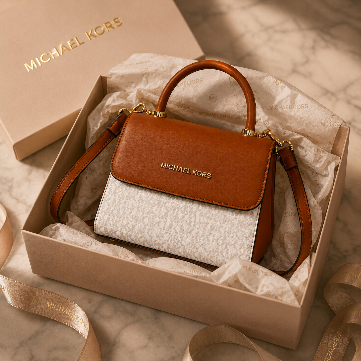 Luxury women’s handbag presented inside premium gift box with tissue paper, ribbon, and elegant unboxing packaging aesthetic.