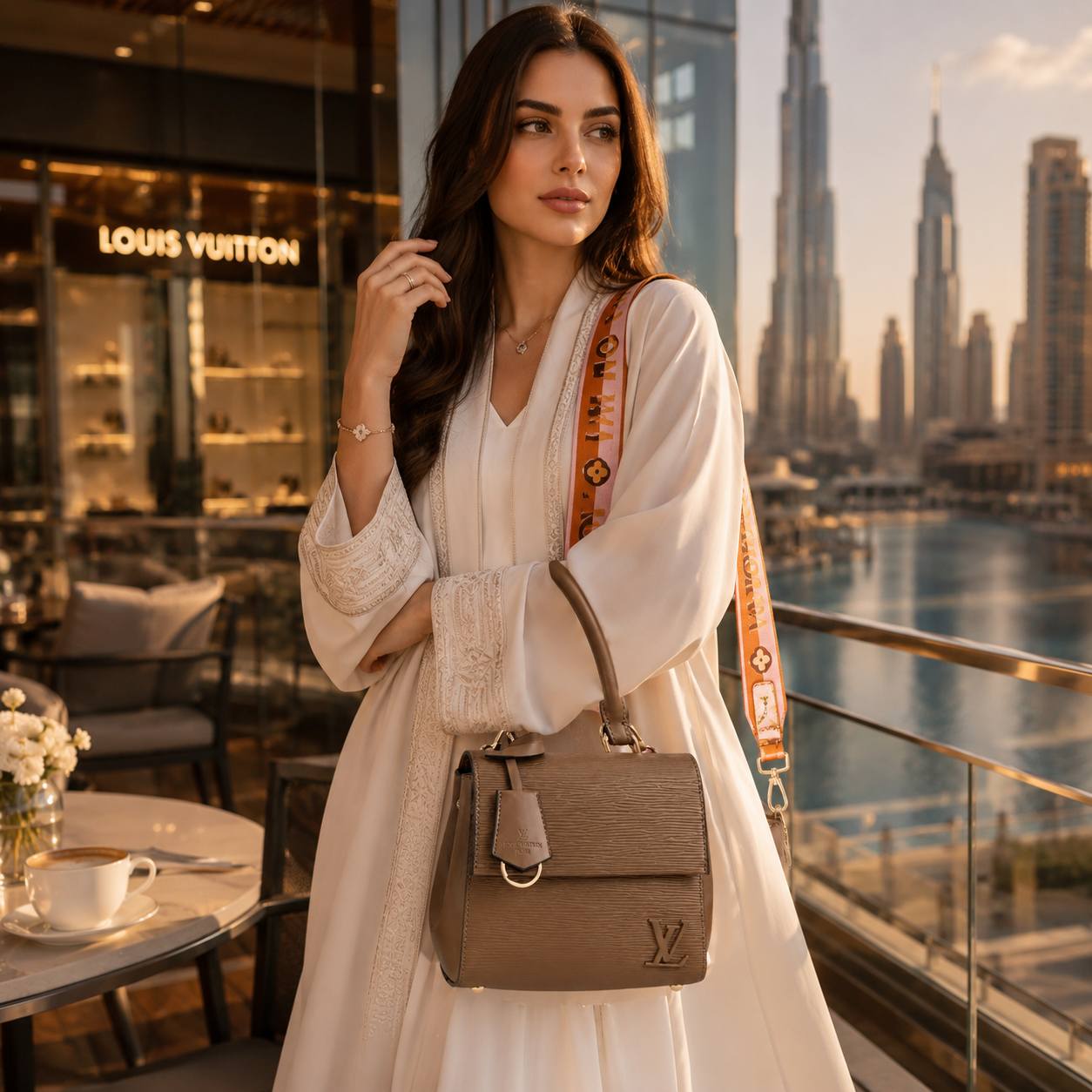 Modern UAE fashion model carrying elegant brown luxury handbag in premium Dubai lifestyle setting.