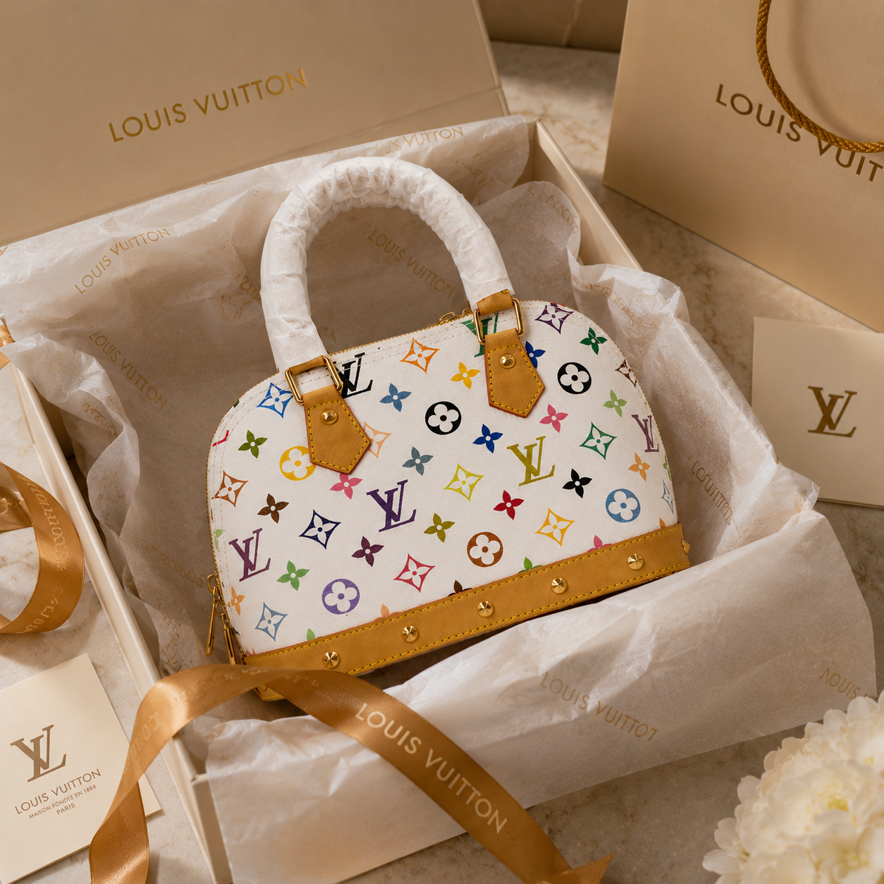 Luxury women's handbag presented in an elegant gift box with premium tissue paper and ribbon for a luxury unboxing experience