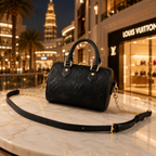 Luxury black handbag inside elegant premium gift box with tissue paper ribbon and luxury packaging