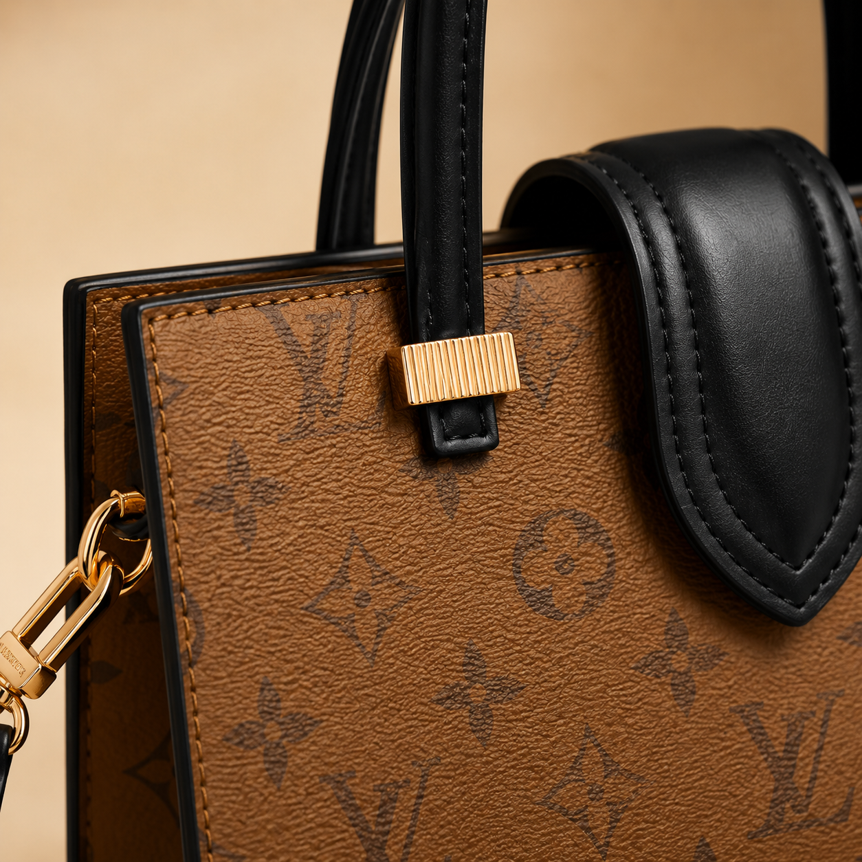 Close-up of luxury monogram handbag texture stitching black leather and gold hardware details