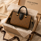 Luxury monogram tote handbag inside elegant premium packaging box with tissue paper and ribbon
