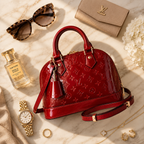 Luxury red patent leather handbag inside elegant premium packaging with tissue paper and ribbon styling.