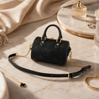 Luxury black handbag flatlay with sunglasses perfume jewelry and premium fashion accessories