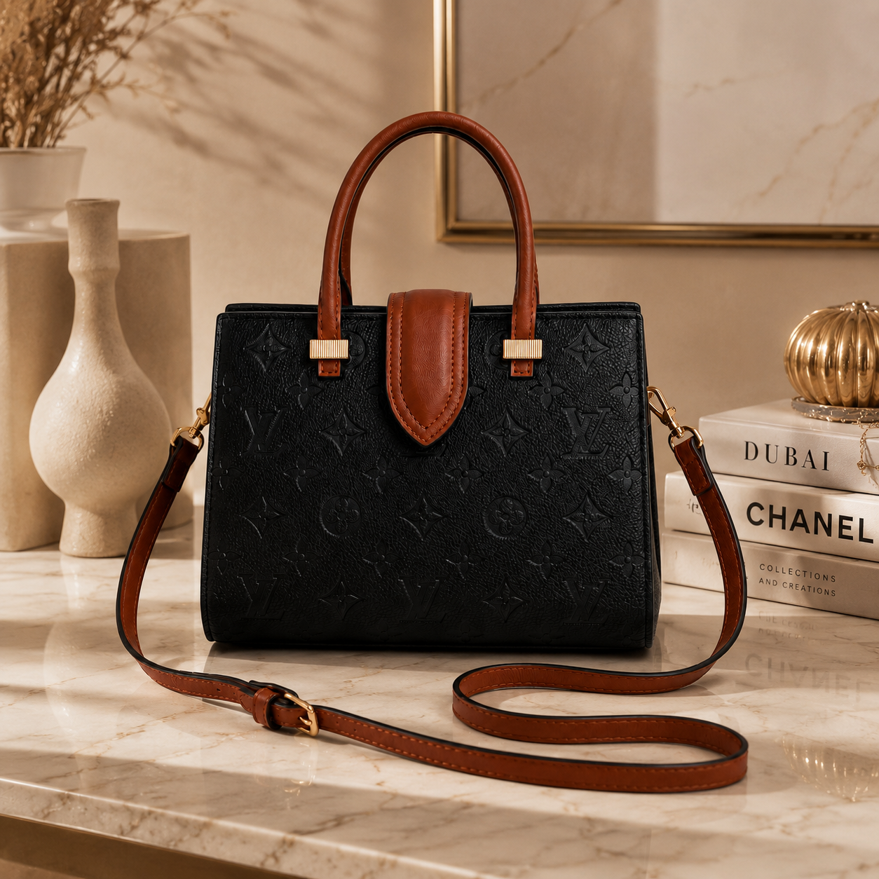 Luxury women’s handbag styled on marble surface with beige luxury decor and soft lighting