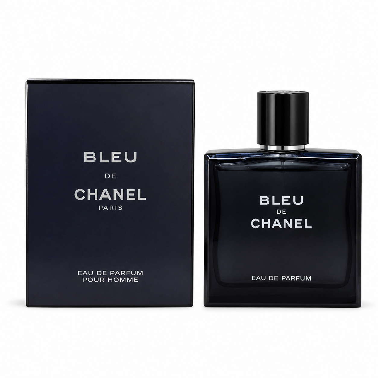 Luxury men's eau de parfum perfume bottle with premium presentation box on clean white background, elegant fragrance for modern gentlemen.