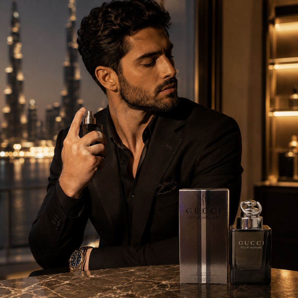 Elegant men's perfume featured in a luxury fashion campaign with modern UAE lifestyle inspiration and premium masculine styling.
